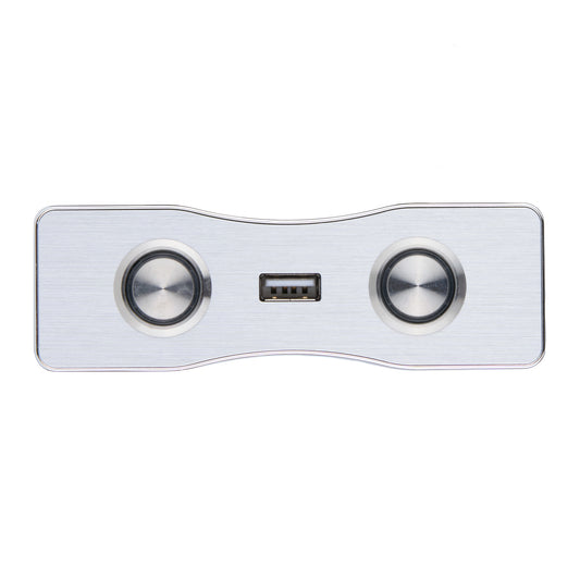 White electronic device with two circular buttons and a USB port on a white background