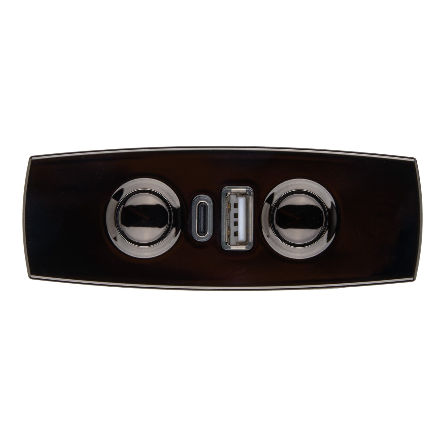 Car control panel with two circular knobs and a central switch on a white background