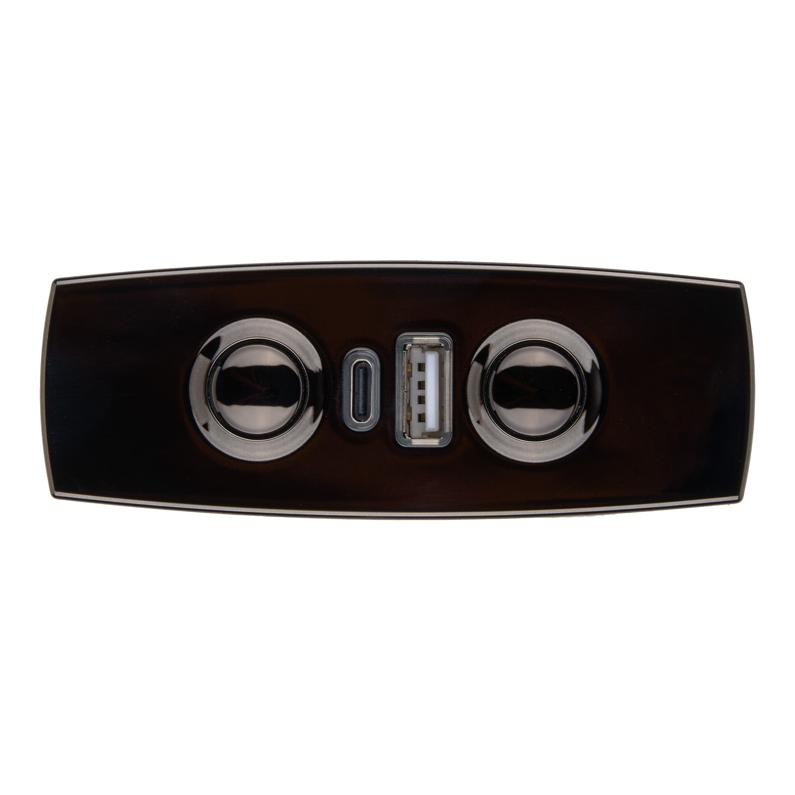 Car control panel with two circular knobs and a central switch on a white background