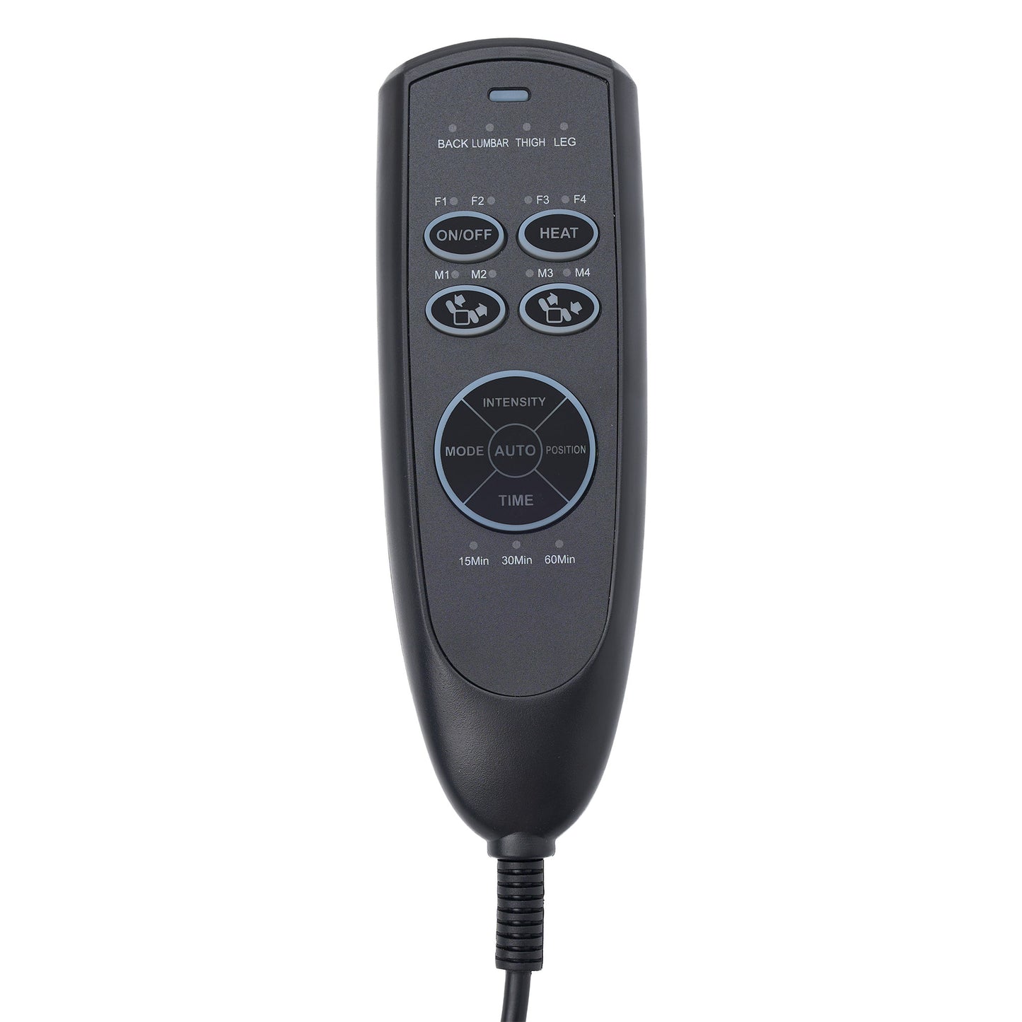A black electric trolling motor remote control with various buttons and a central dial, shown on a plain white background.