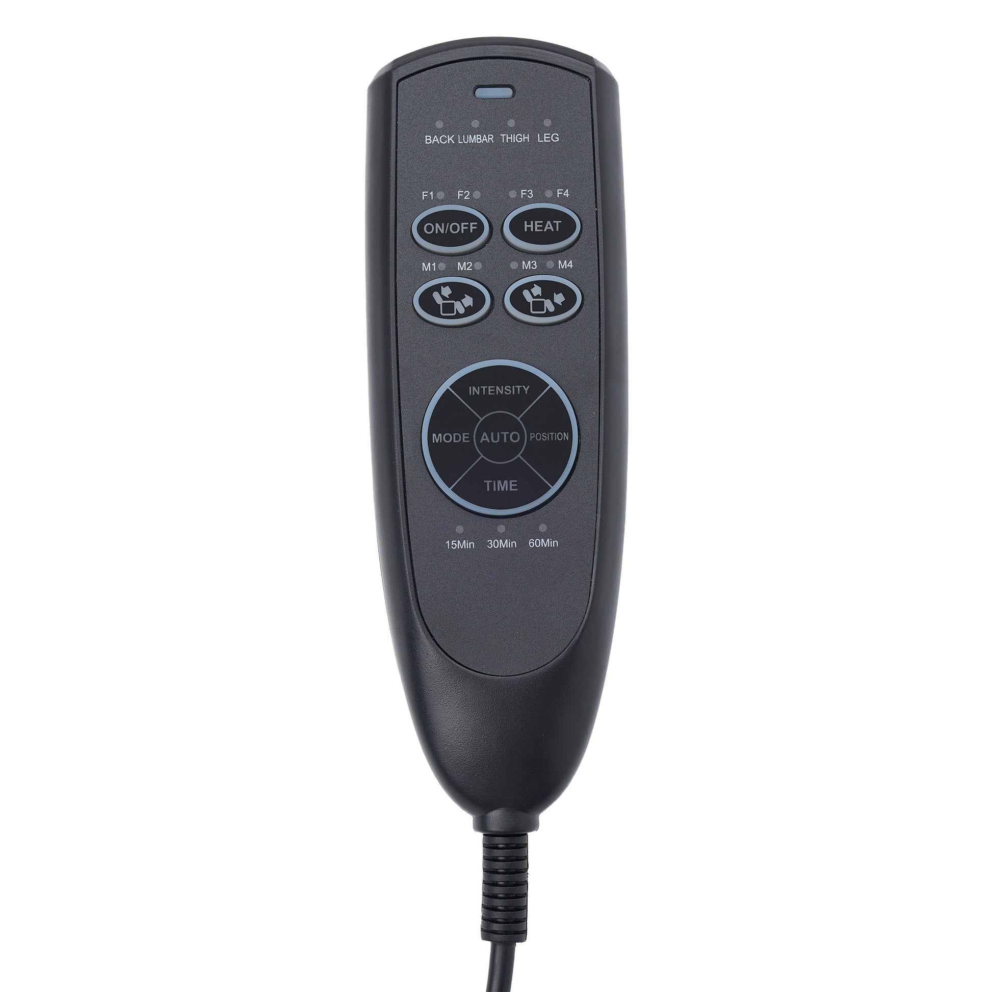 A black electric trolling motor remote control with various buttons and a central dial, shown on a plain white background.