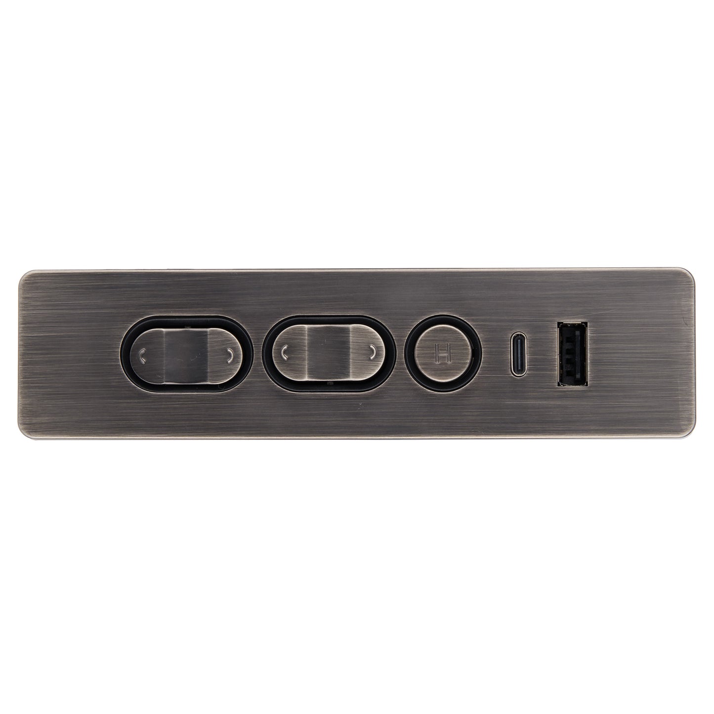 A rectangular brushed metal control panel with three oval buttons and a USB-C port, shown against a plain white background.