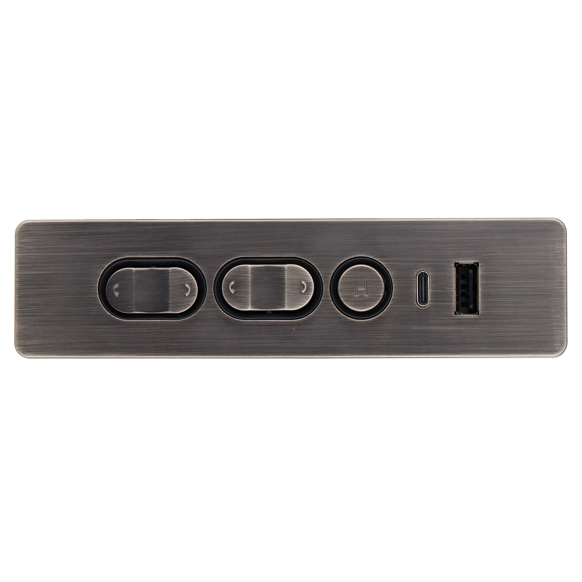 A rectangular brushed metal control panel with three oval buttons and a USB-C port, shown against a plain white background.
