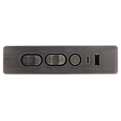 A rectangular brushed metal control panel with three oval buttons and a USB-C port, shown against a plain white background.