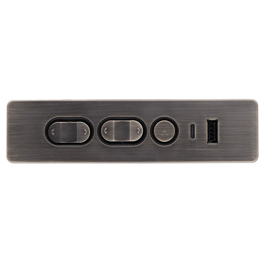 A rectangular brushed metal control panel with three oval buttons and a USB-C port, shown against a plain white background.