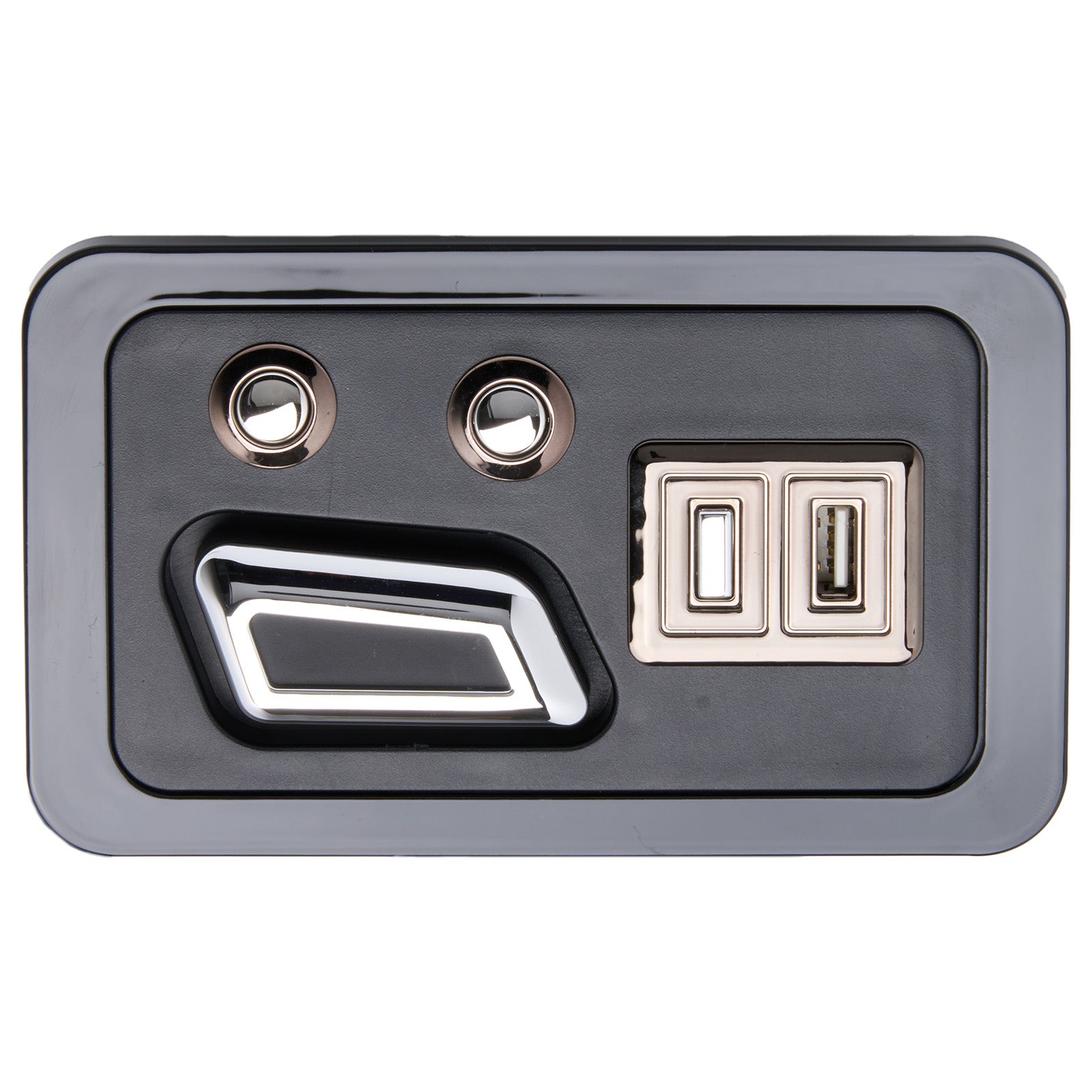 Metallic wall plate with USB ports and power switch on a white background