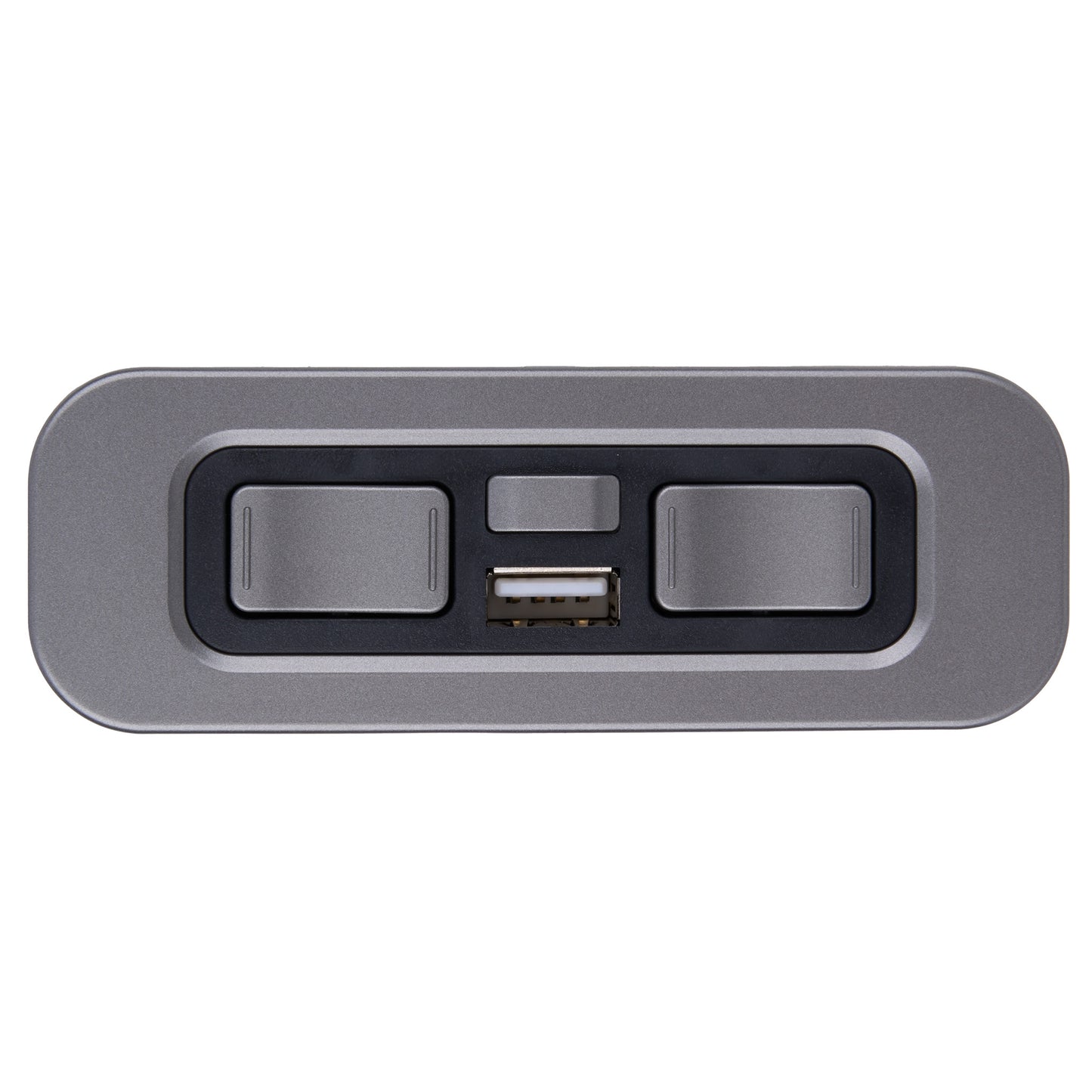 A rectangular gray electronic control panel with rounded corners, featuring two large toggle switches, a smaller center switch, and a USB port in the middle, shown on a plain white background.