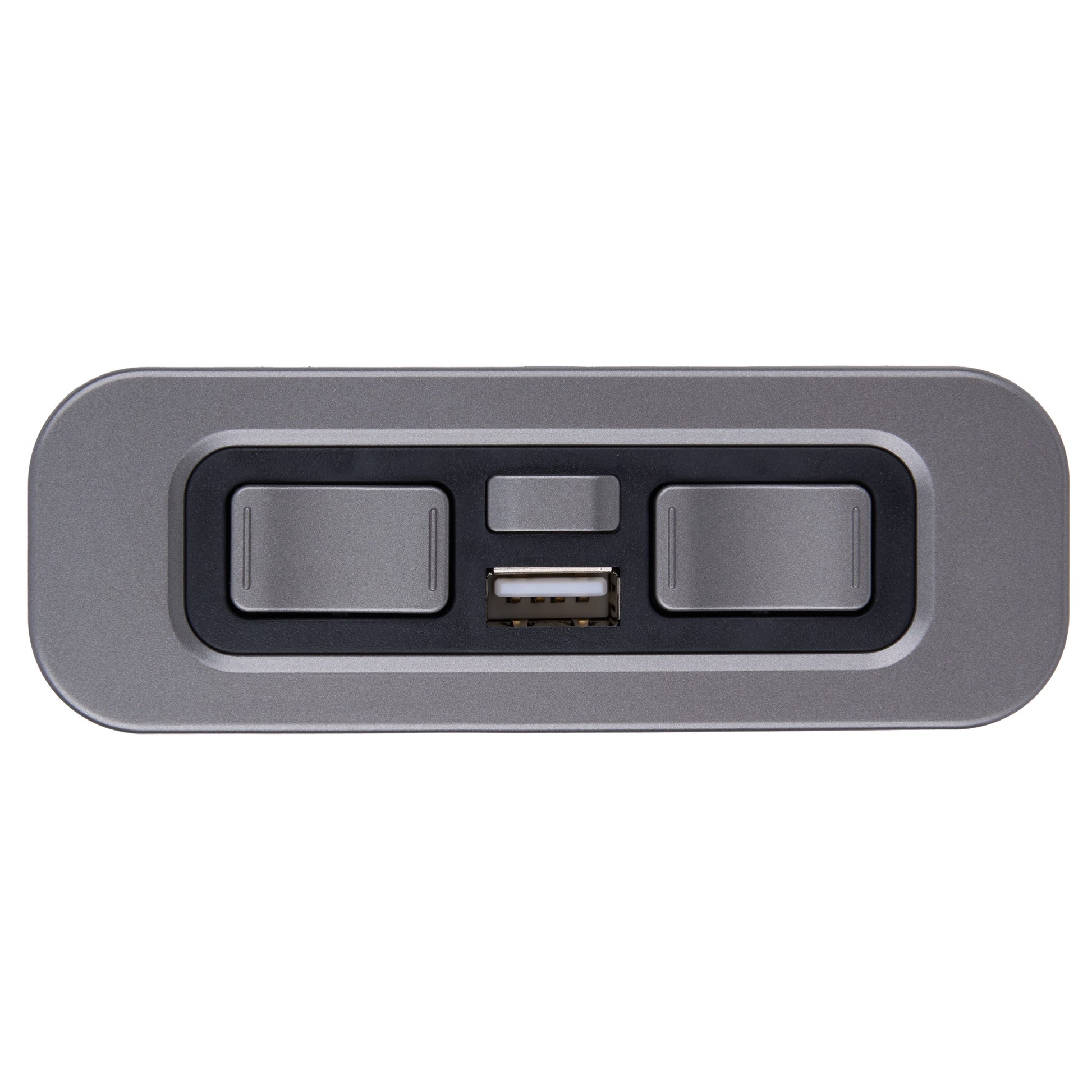A rectangular gray electronic control panel with rounded corners, featuring two large toggle switches, a smaller center switch, and a USB port in the middle, shown on a plain white background.