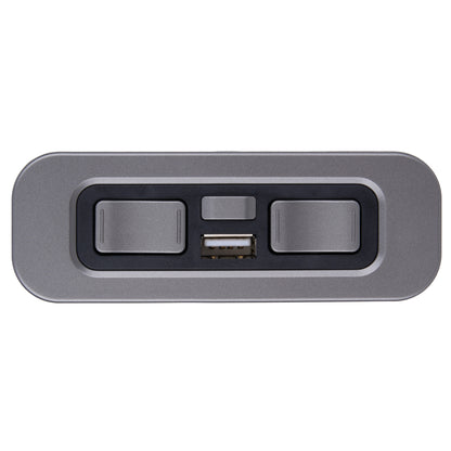 A rectangular gray electronic control panel with rounded corners, featuring two large toggle switches, a smaller center switch, and a USB port in the middle, shown on a plain white background.