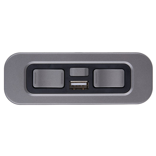 A rectangular gray electronic control panel with rounded corners, featuring two large toggle switches, a smaller center switch, and a USB port in the middle, shown on a plain white background.