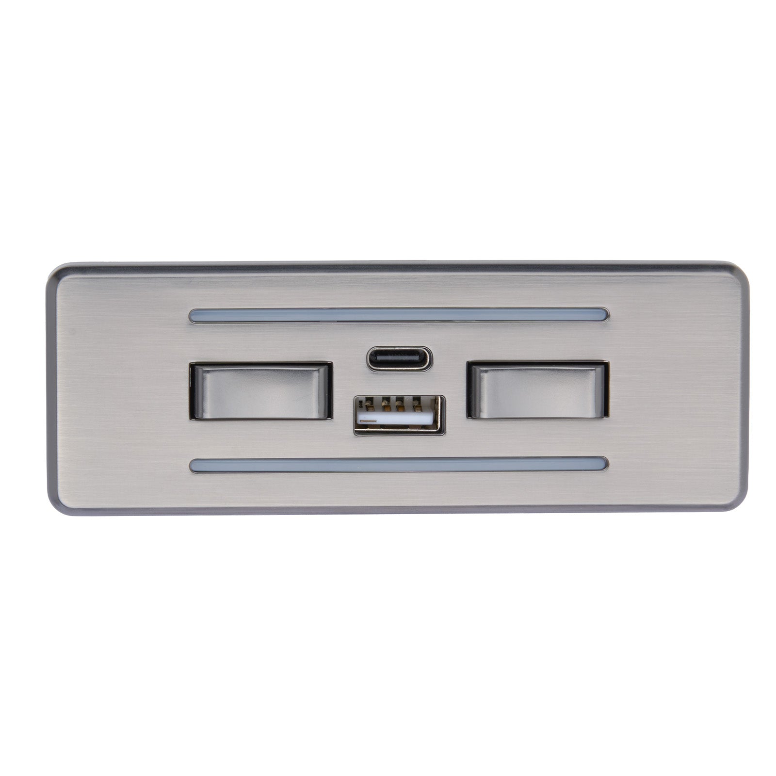 Metallic panel with USB, HDMI, and microSD slots on a white background