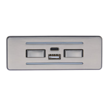 Metallic panel with USB, HDMI, and microSD slots on a white background
