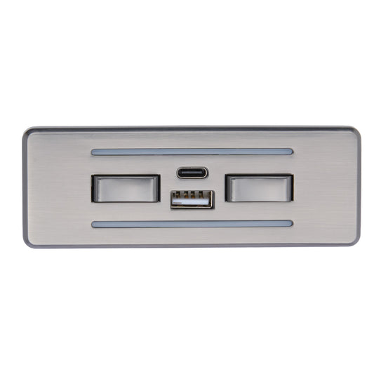 Metallic panel with USB, HDMI, and microSD slots on a white background
