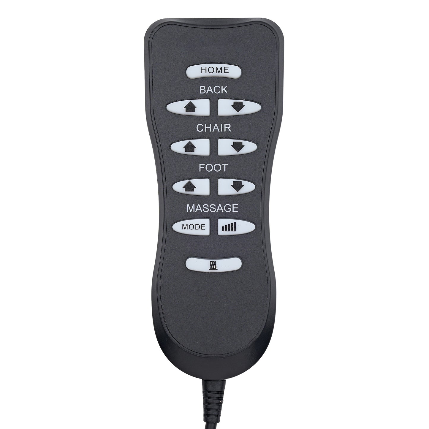 A black electric chair massager remote control with white buttons and labels, shown on a solid white background.