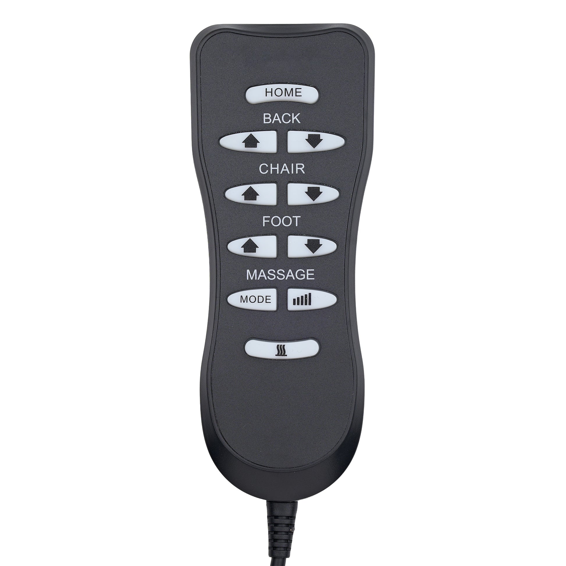 A black electric chair massager remote control with white buttons and labels, shown on a solid white background.