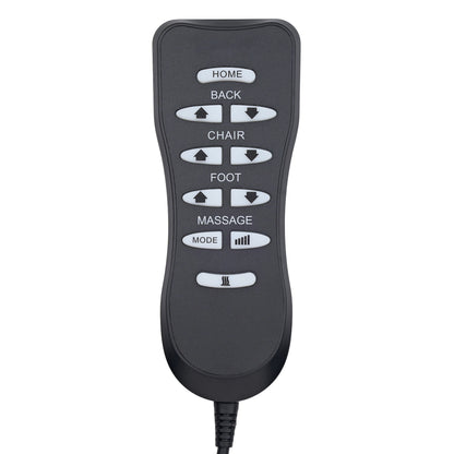 A black electric chair massager remote control with white buttons and labels, shown on a solid white background.