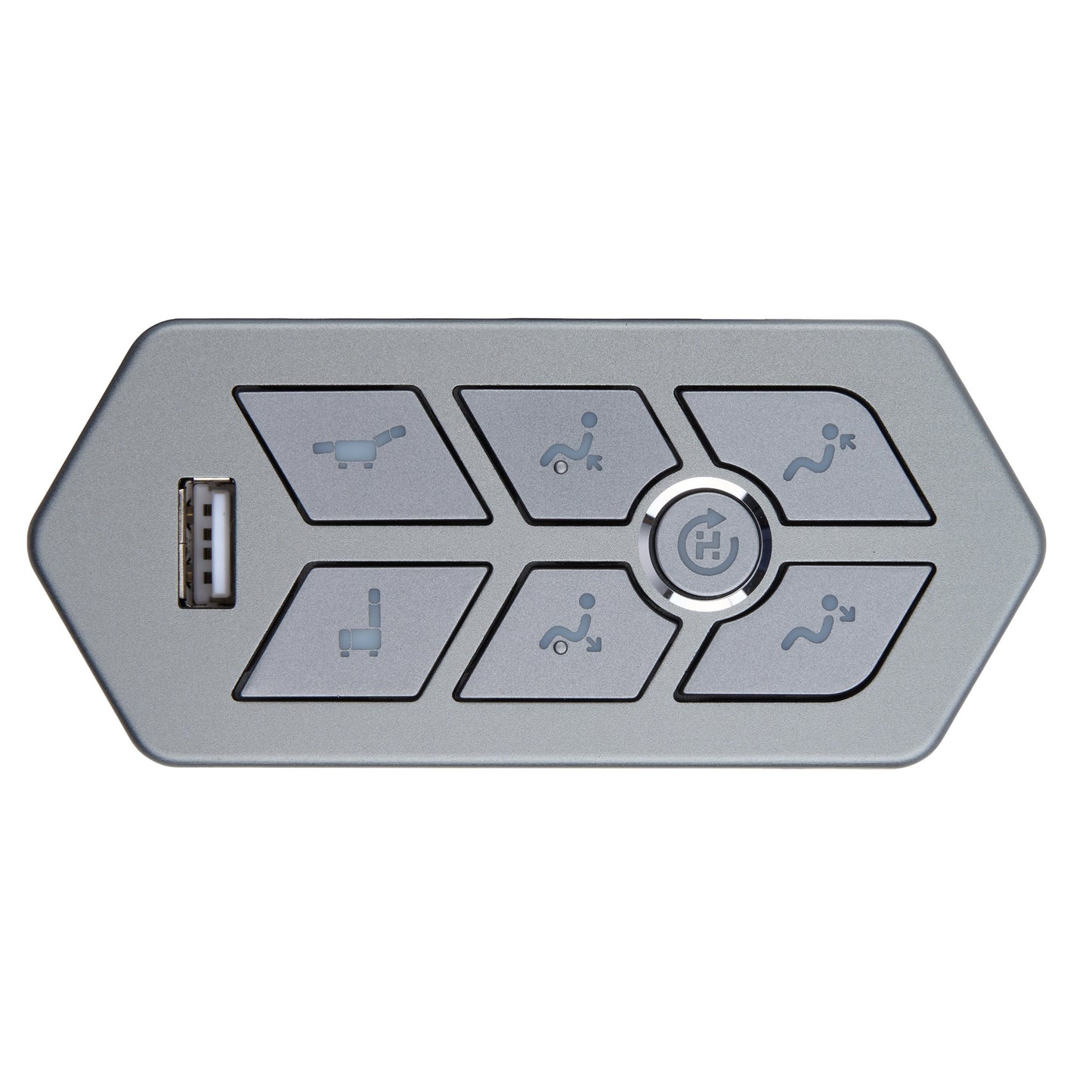 A silver car seat and climate control remote fob with a USB port on the left side, featuring six buttons with gray icons on a white background.