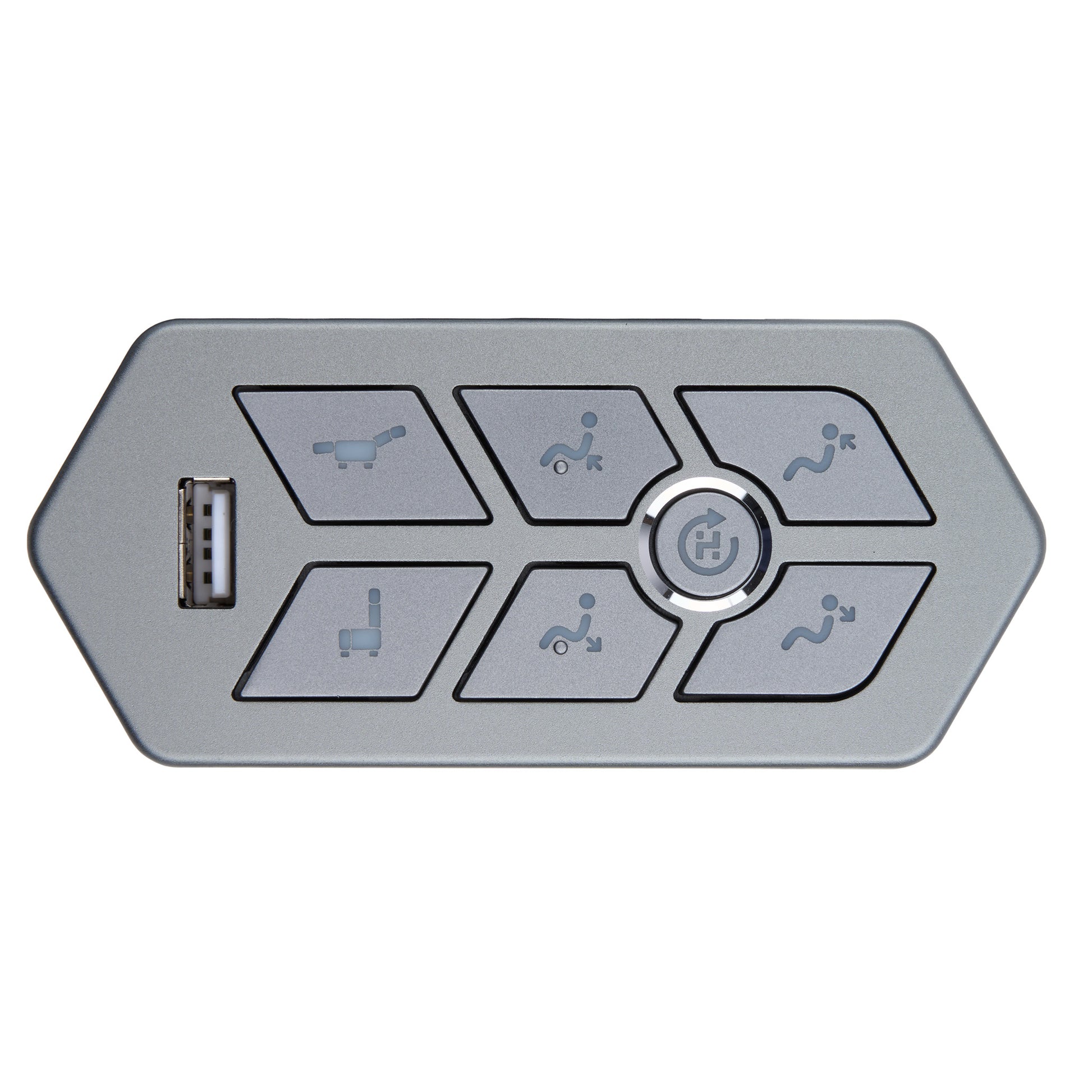 A silver car seat and climate control remote fob with a USB port on the left side, featuring six buttons with gray icons on a white background.