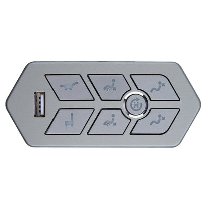 A silver car seat and climate control remote fob with a USB port on the left side, featuring six buttons with gray icons on a white background.