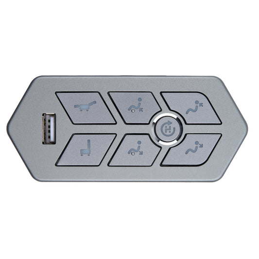 A silver car seat and climate control remote fob with a USB port on the left side, featuring six buttons with gray icons on a white background.
