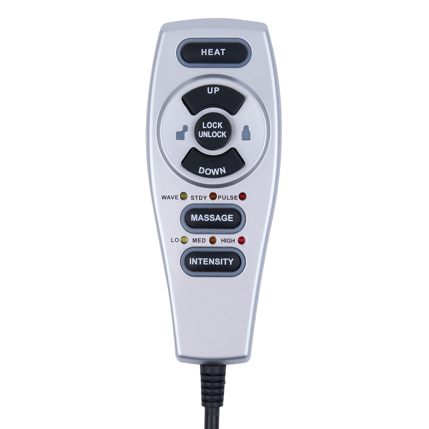 A silver and black remote control with buttons labeled HEAT, UP, DOWN, LOCK UNLOCK, MASSAGE, WAVE, STOP, PULSE, LOW, MED, and HIGH, shown on a plain white background.