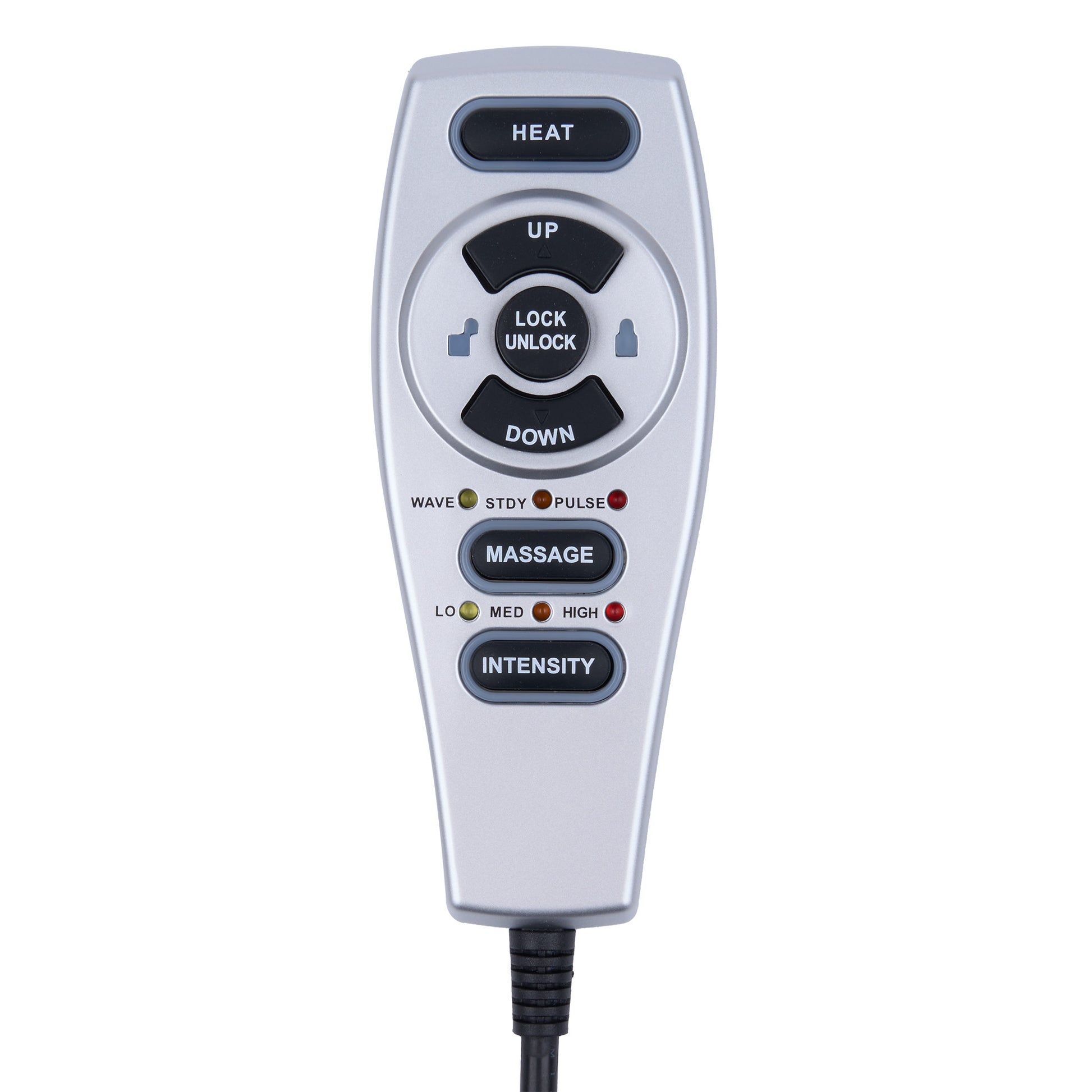 A silver and black remote control with buttons labeled HEAT, UP, DOWN, LOCK UNLOCK, MASSAGE, WAVE, STOP, PULSE, LOW, MED, and HIGH, shown on a plain white background.