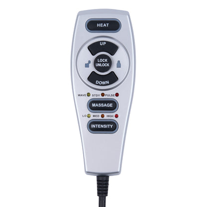 A silver and black remote control with buttons labeled HEAT, UP, DOWN, LOCK UNLOCK, MASSAGE, WAVE, STOP, PULSE, LOW, MED, and HIGH, shown on a plain white background.