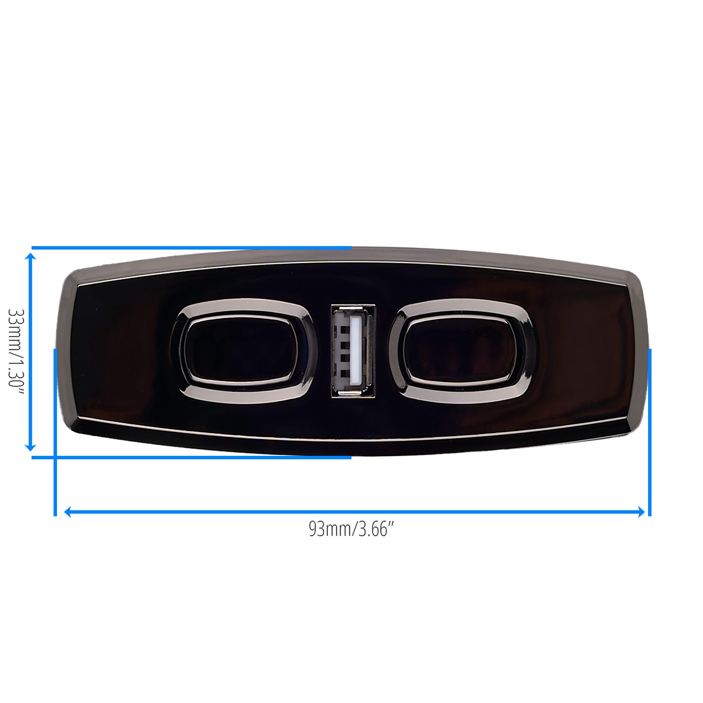 Car emblem with USB and charging ports labeled, on a white background