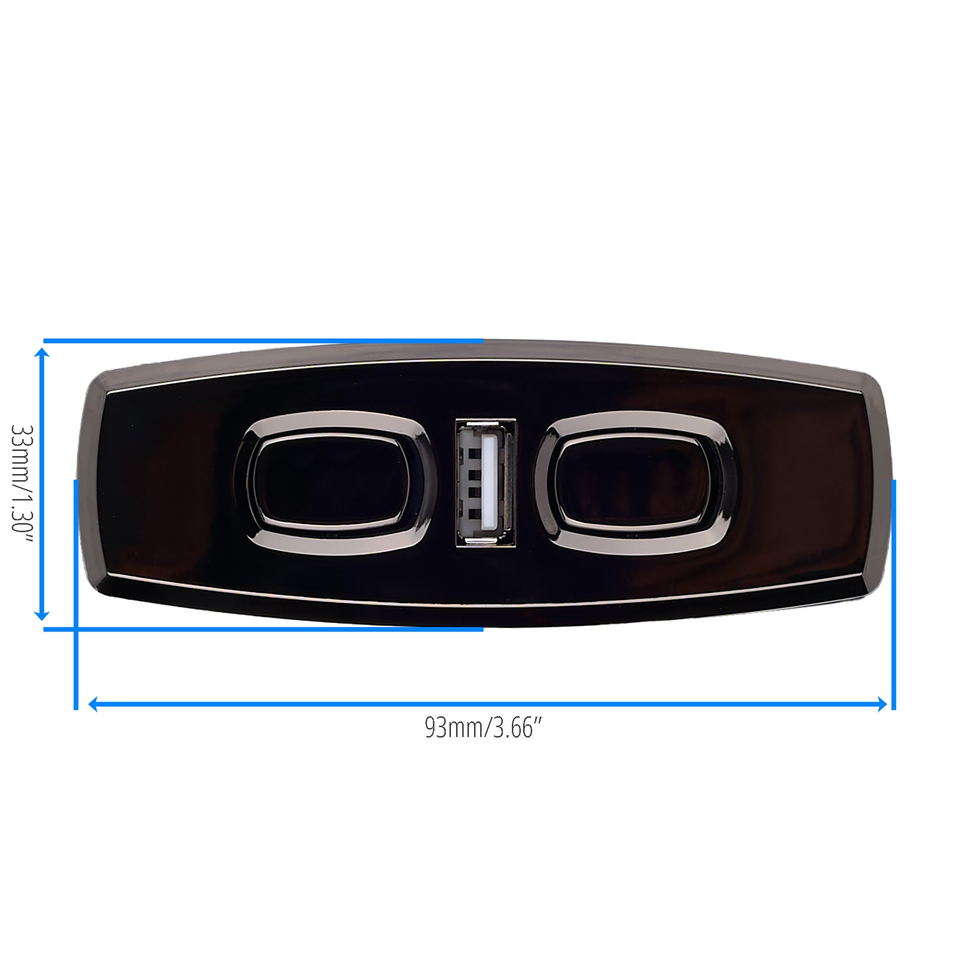Car emblem with USB and charging ports labeled, on a white background
