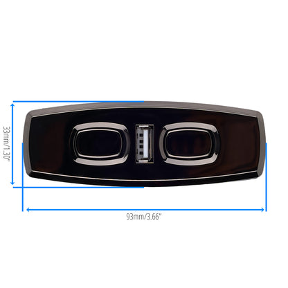 Car emblem with USB and charging ports labeled, on a white background