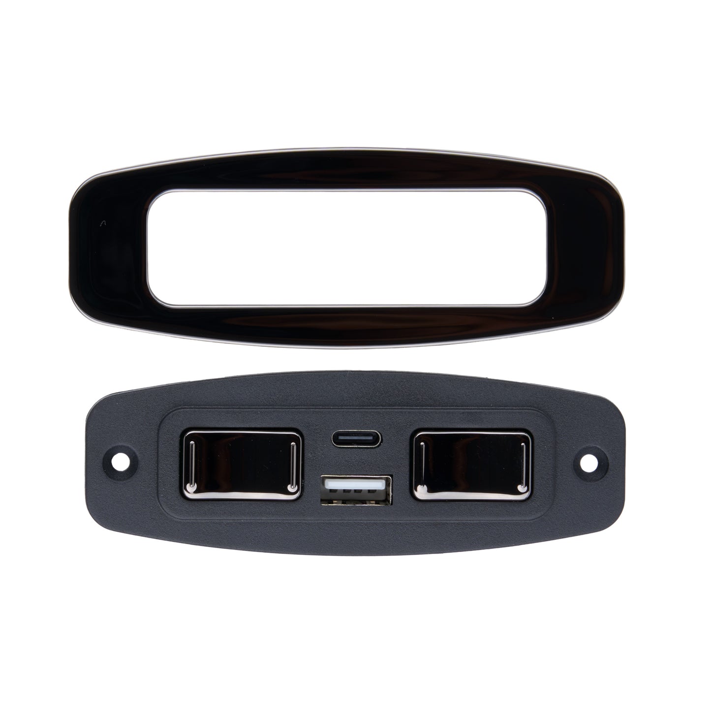 Car dashboard mount with USB ports and power socket on a white background