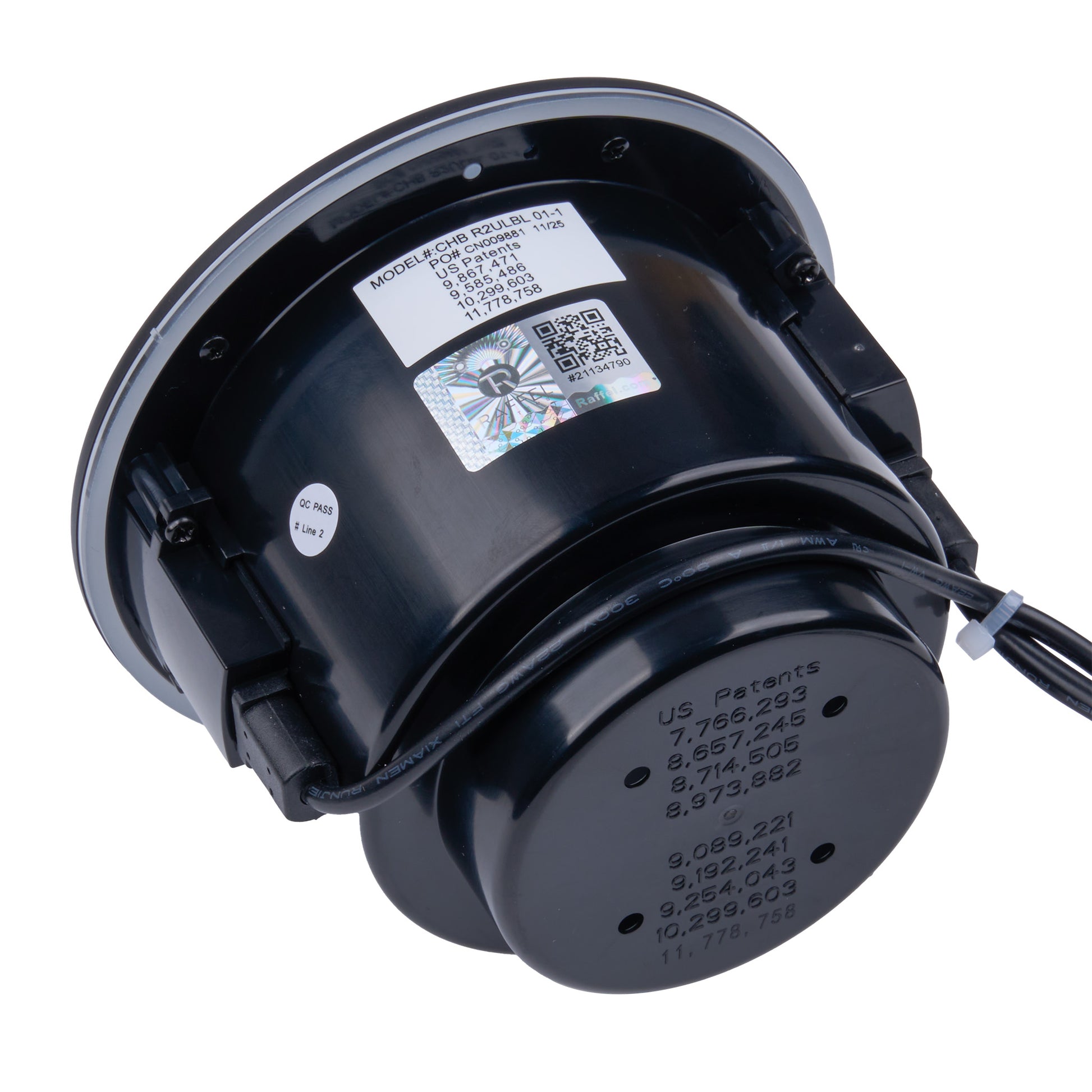 Black mechanical component with labels and QR codes on a white background