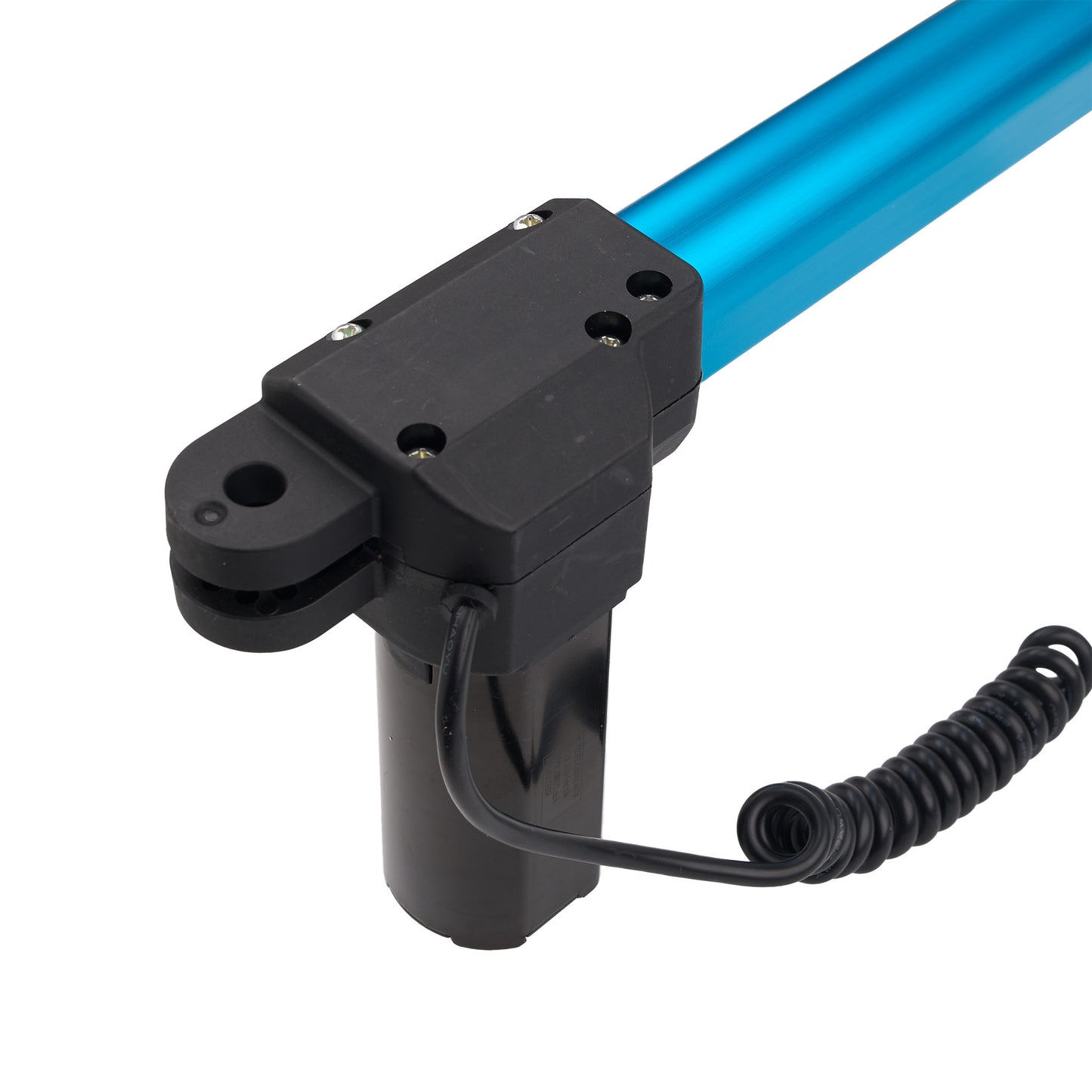 Black and blue mechanical component with coiled cable on a white background