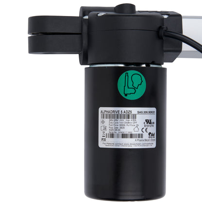 Black electronic device with a green label on a white background