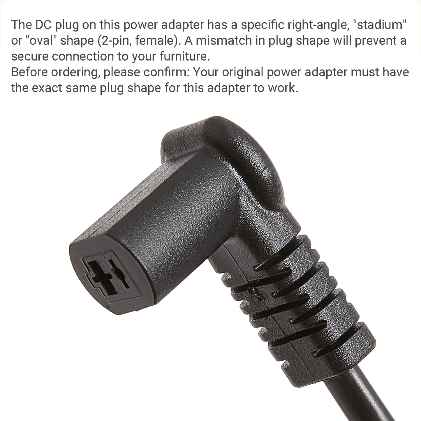 Black power adapter with specific plug shape on a white background