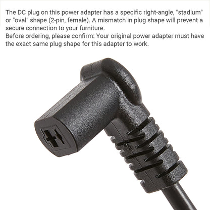 Black power adapter with specific plug shape on a white background