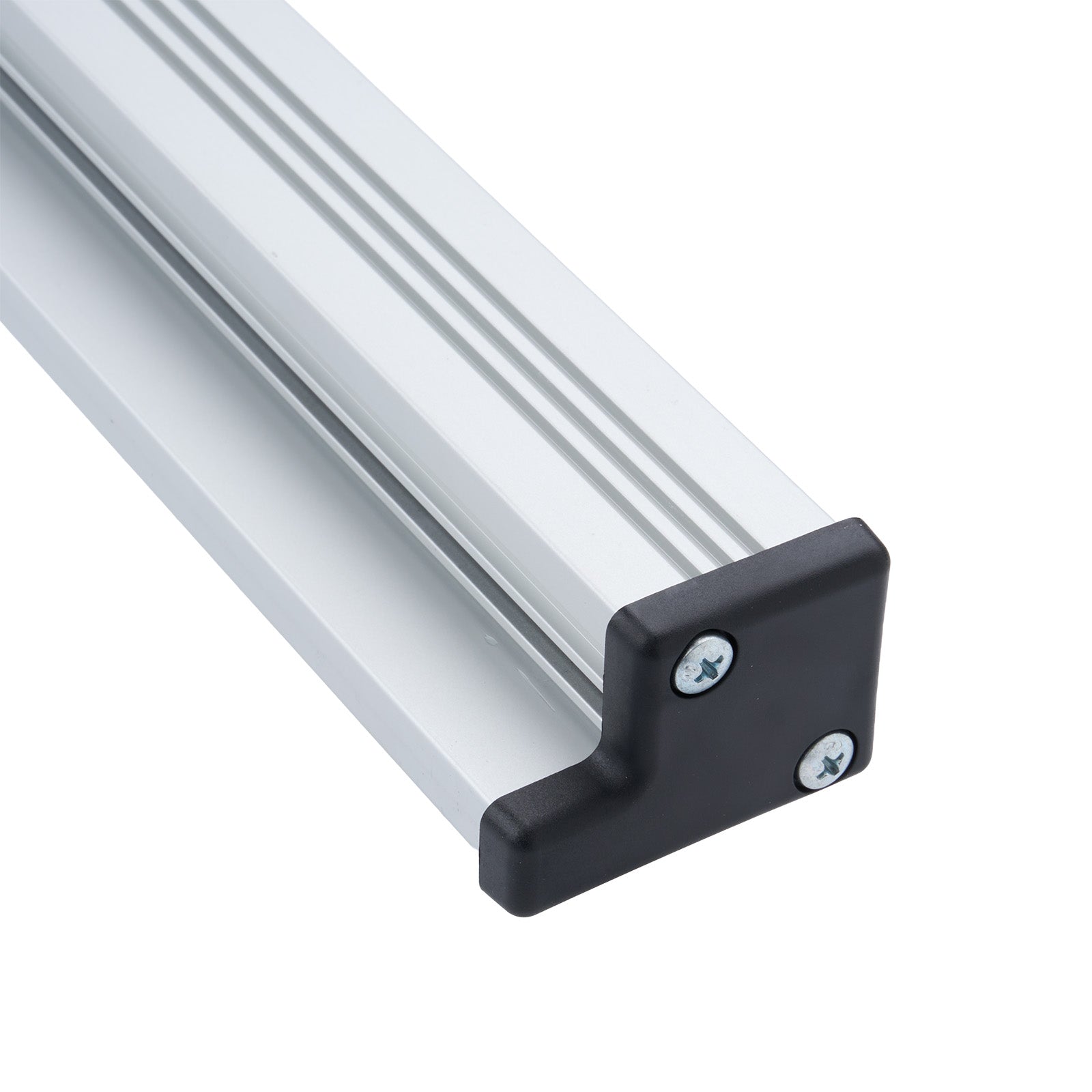 Aluminum profile with black corner piece on a white background