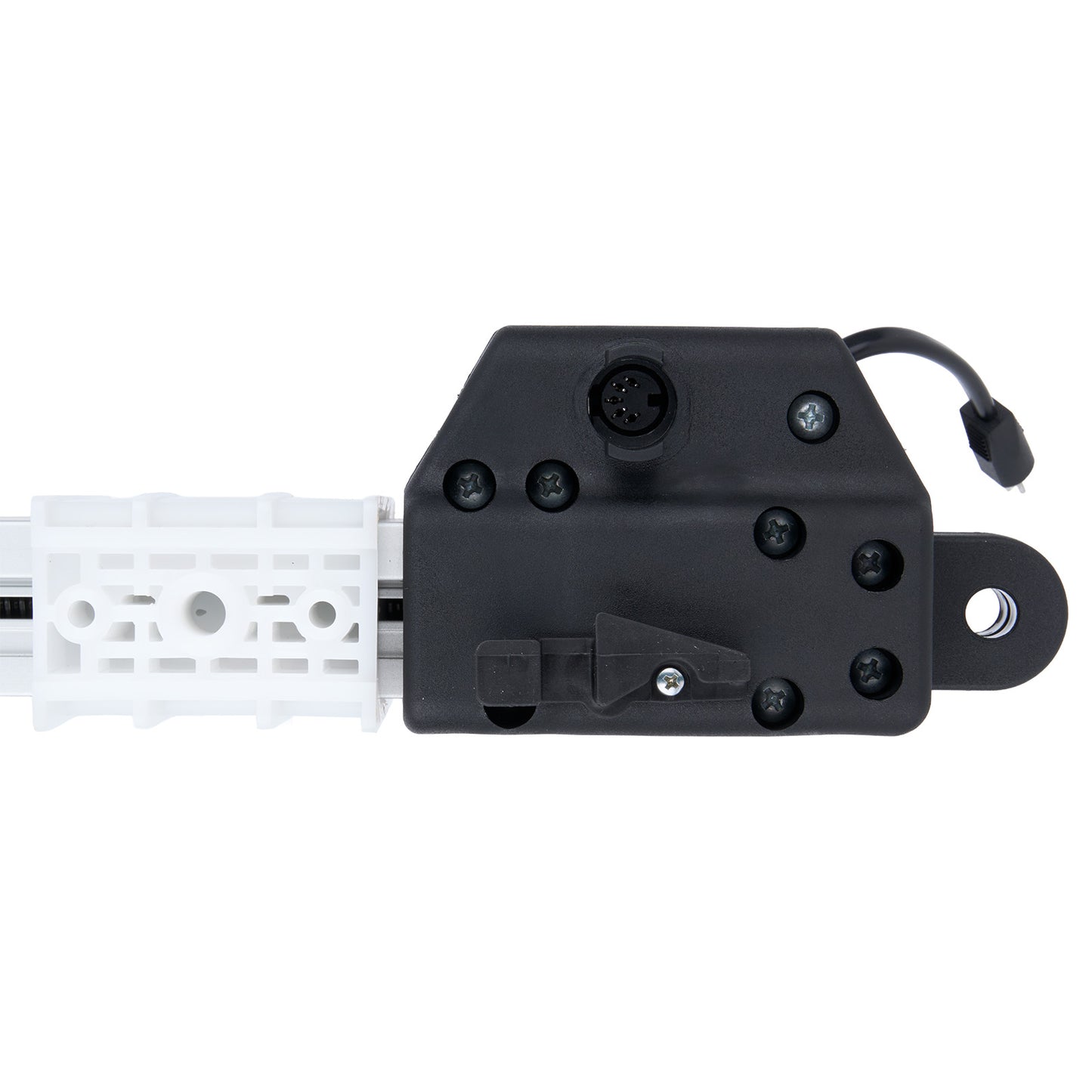 Black mechanical component attached to a white rod on a white background