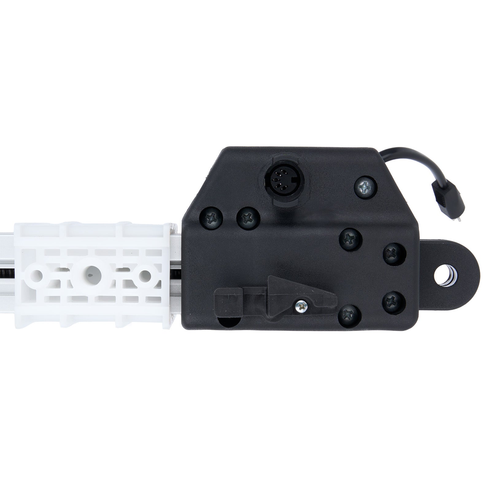 Black mechanical component attached to a white rod on a white background