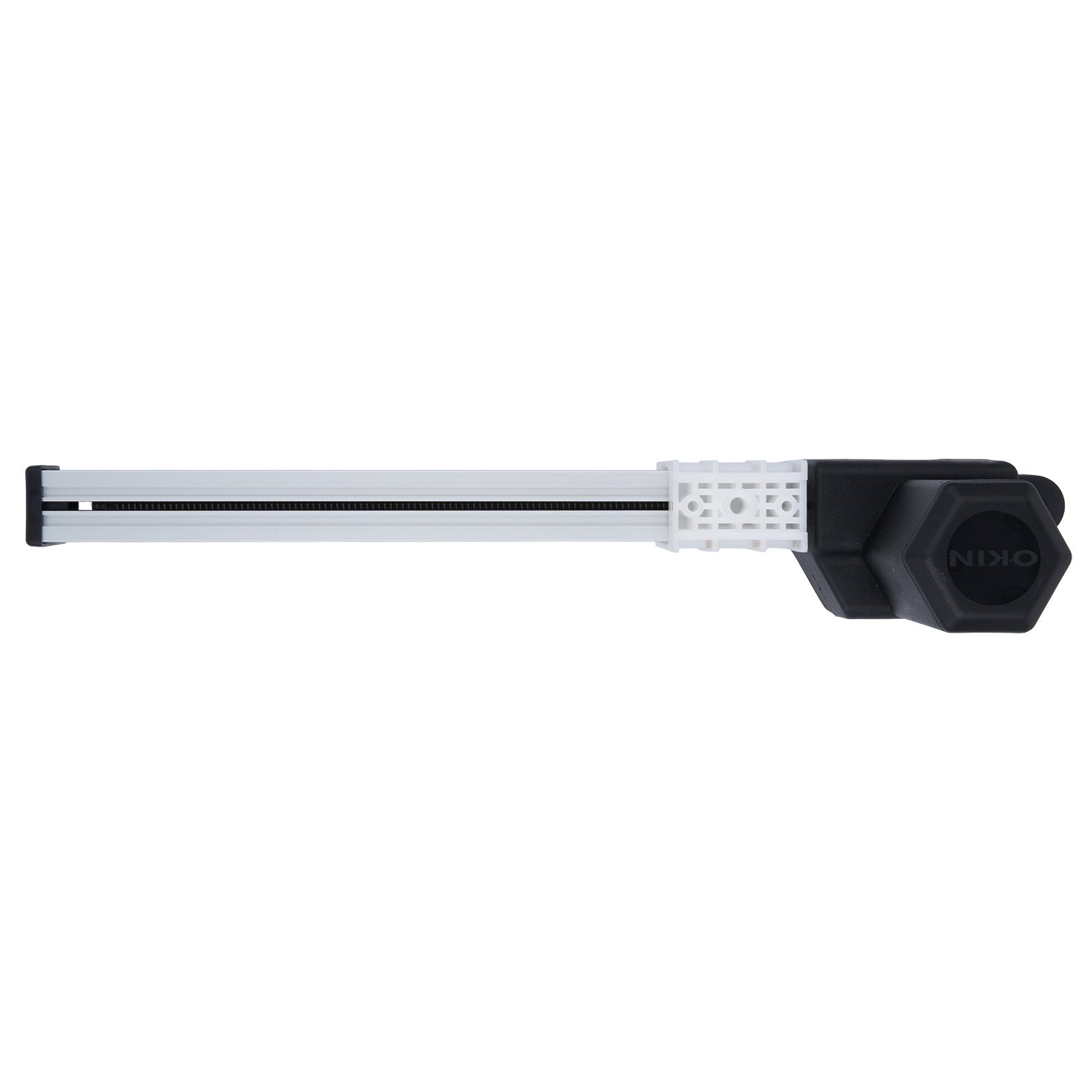 Black and silver tool with a hexagonal head on a white background