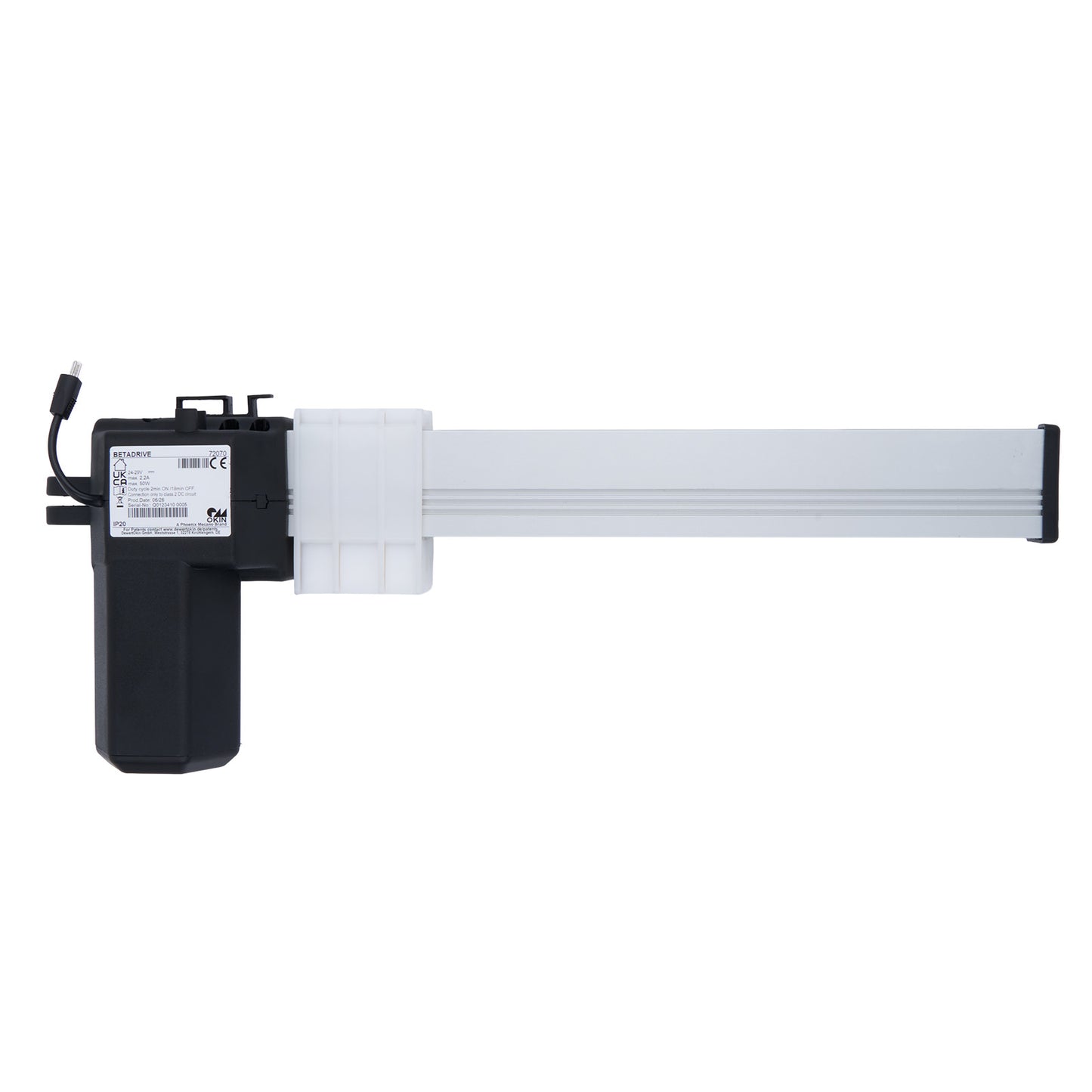 Electric actuator with a black motor and white shaft on a white background
