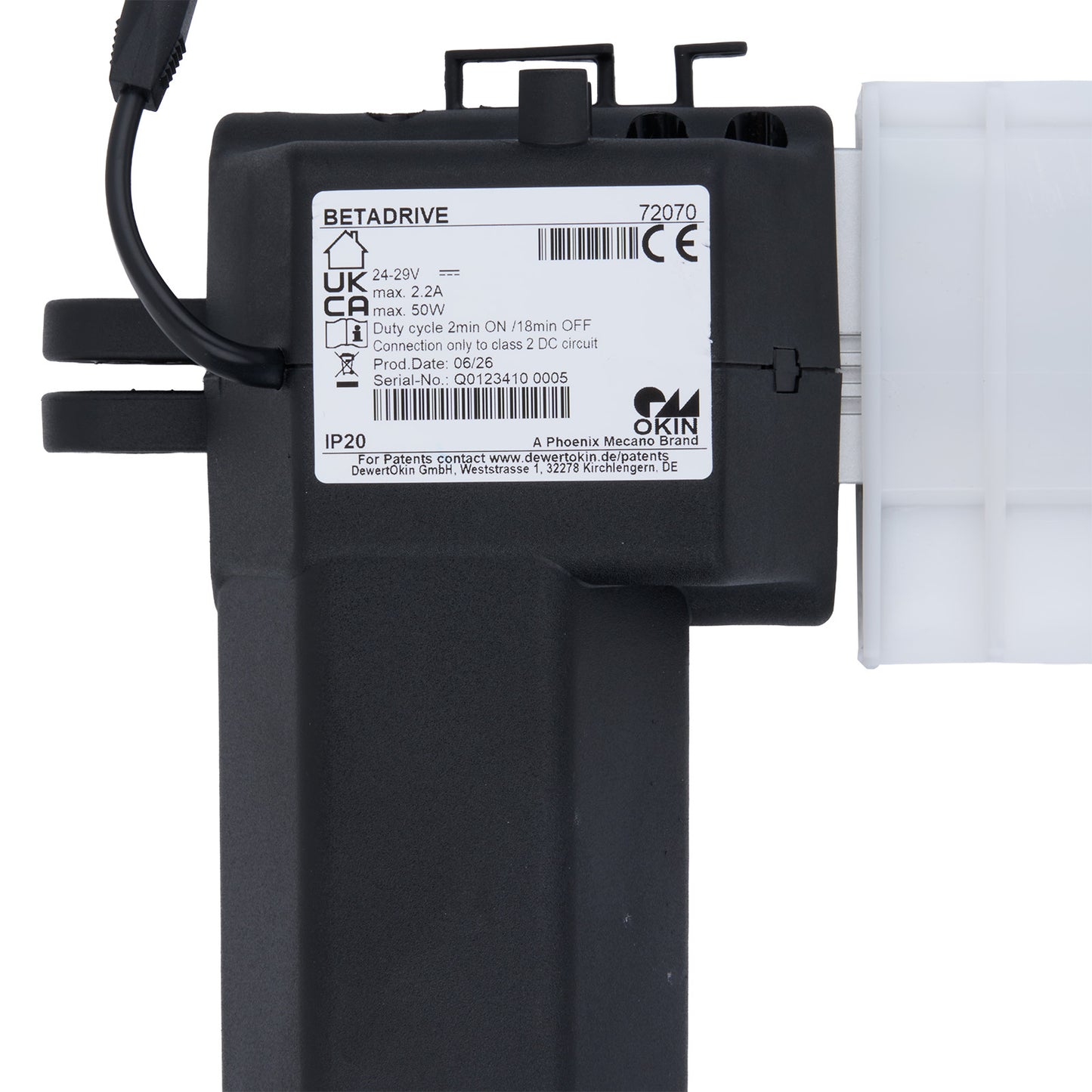 Black electronic component with visible branding and specifications on a white background