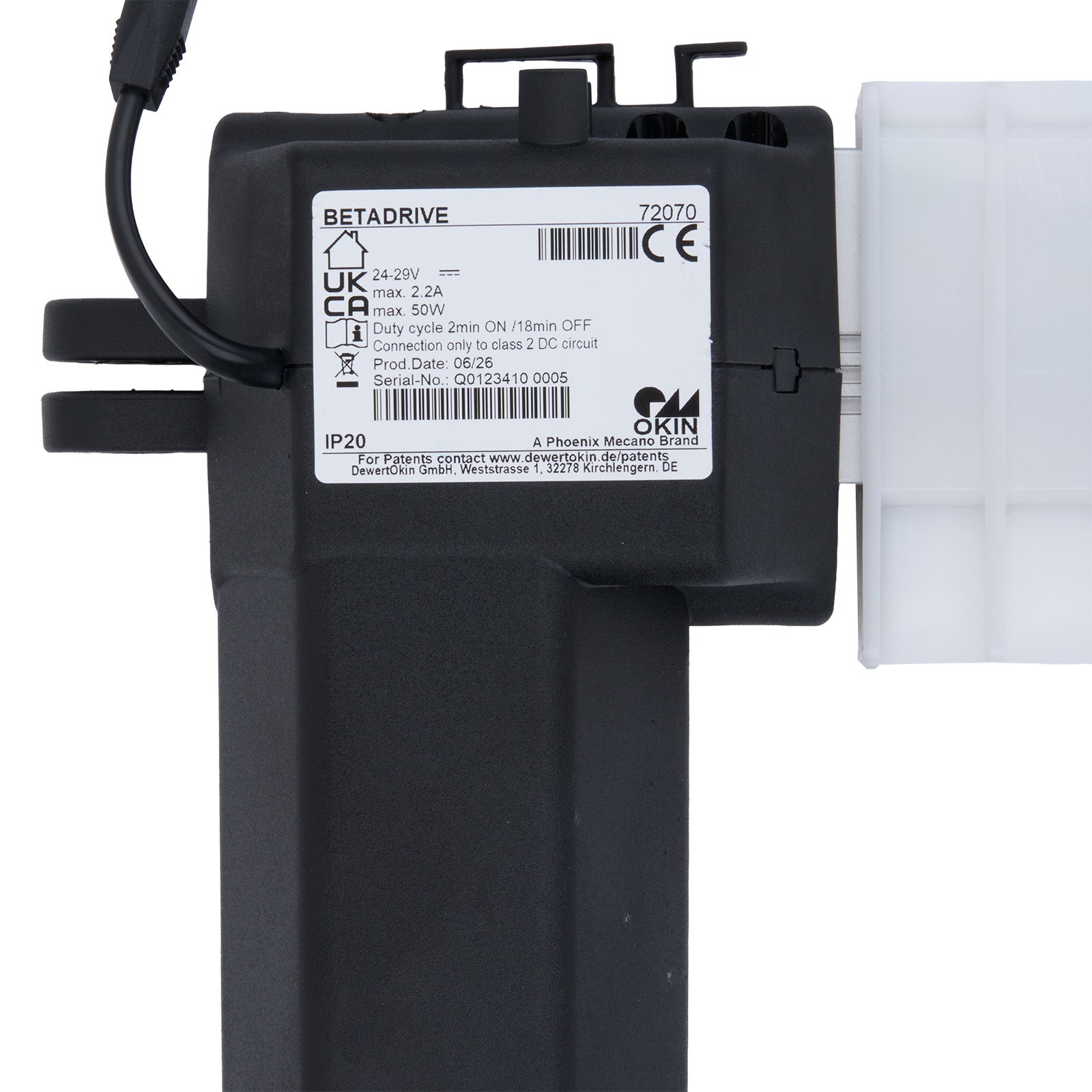 Black electronic component with visible branding and specifications on a white background
