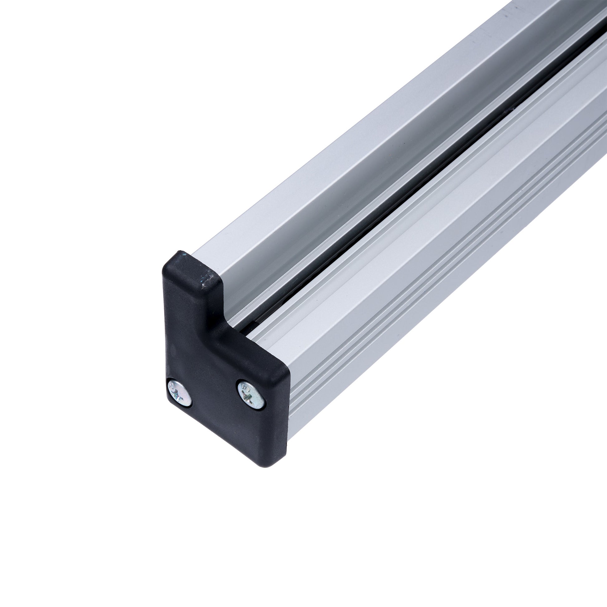 Aluminum profile with a black corner piece on a white background