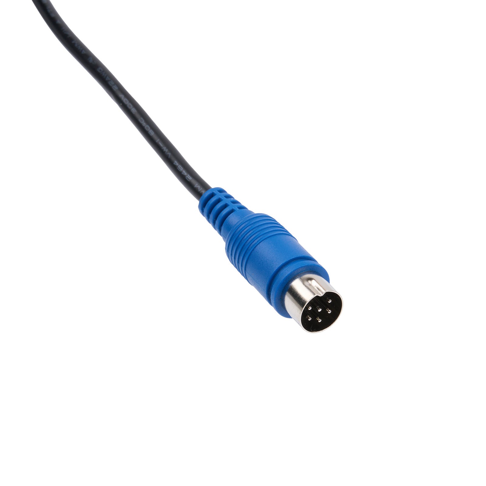 Black cable with a blue connector on a white background
