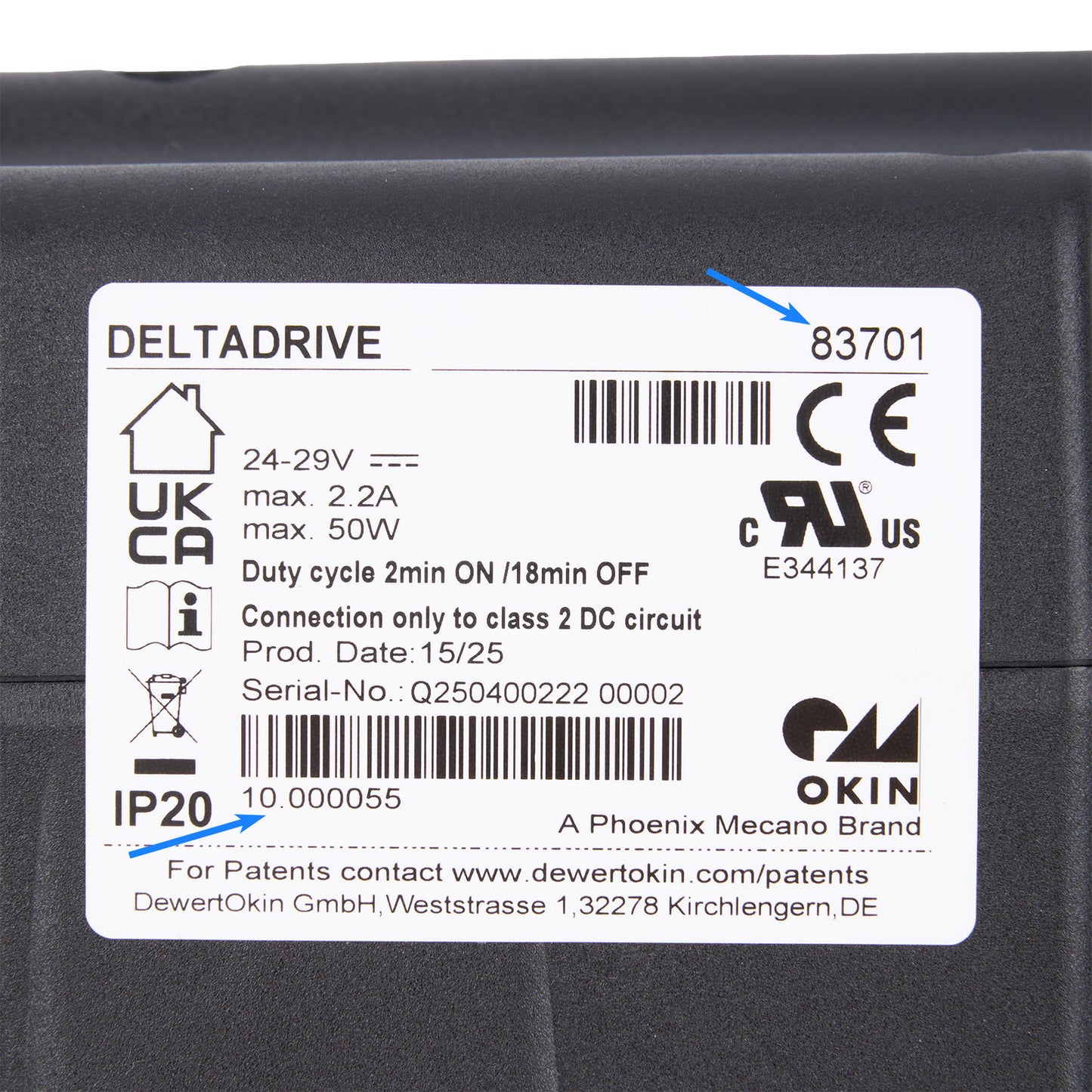 Label on a DeltaDrive product with various certification logos and text.