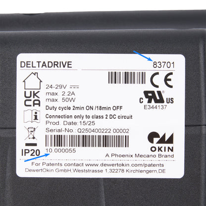 Label on a DeltaDrive product with various certification logos and text.