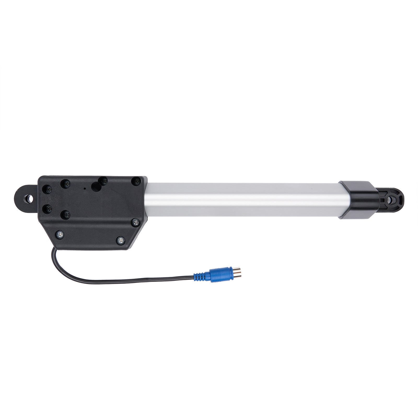 Linear actuator with black housing and blue connector on a white background