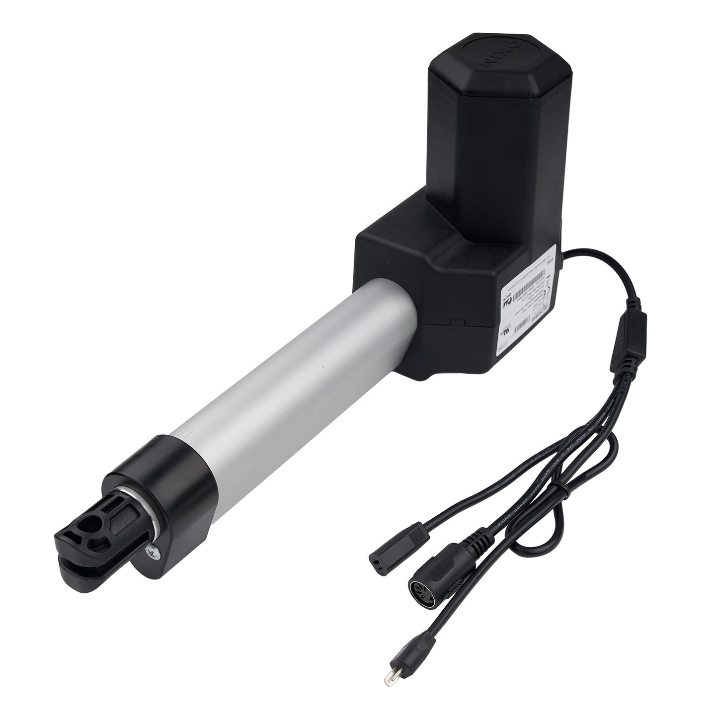 Linear actuator with black and silver design on a white background