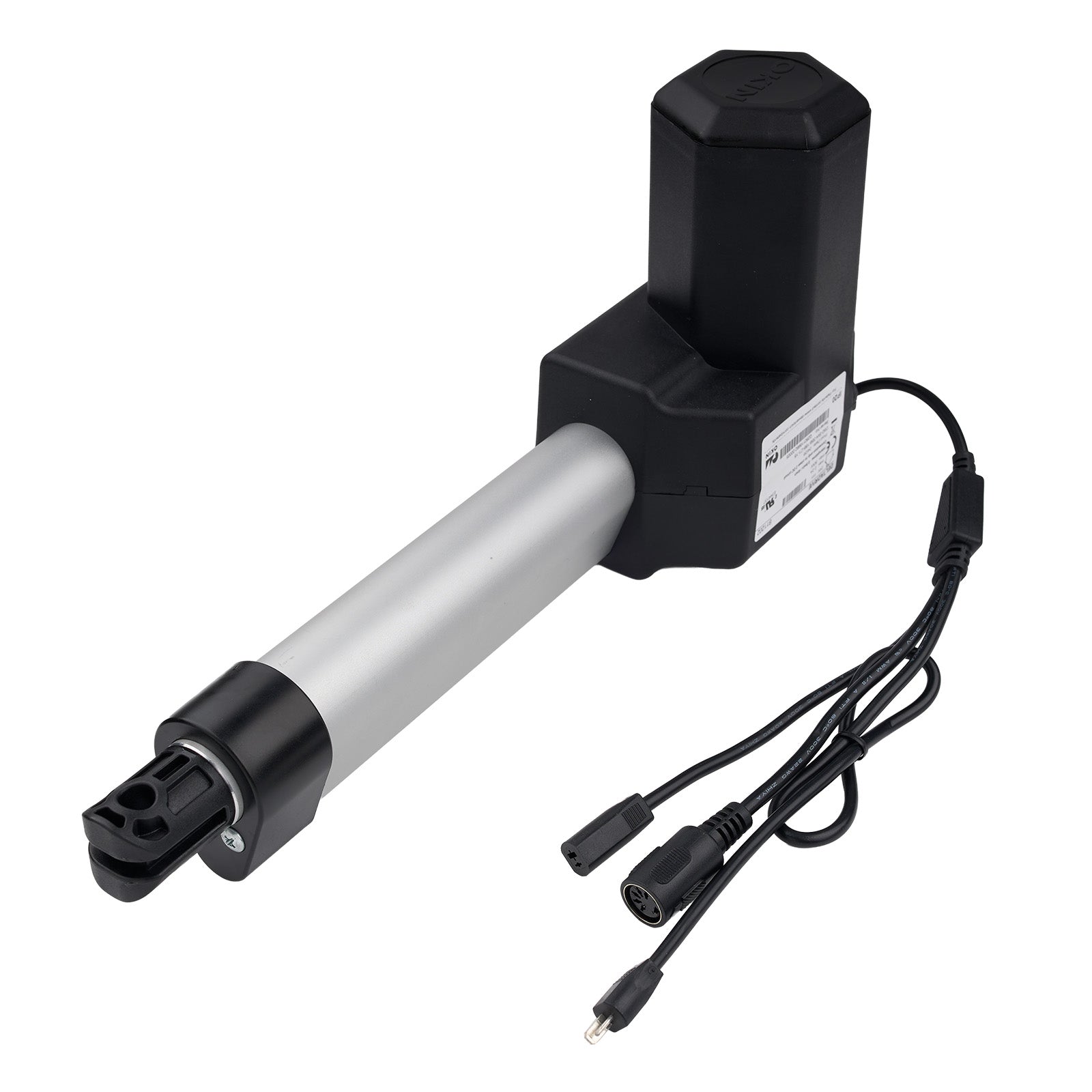 Linear actuator with black and silver design on a white background